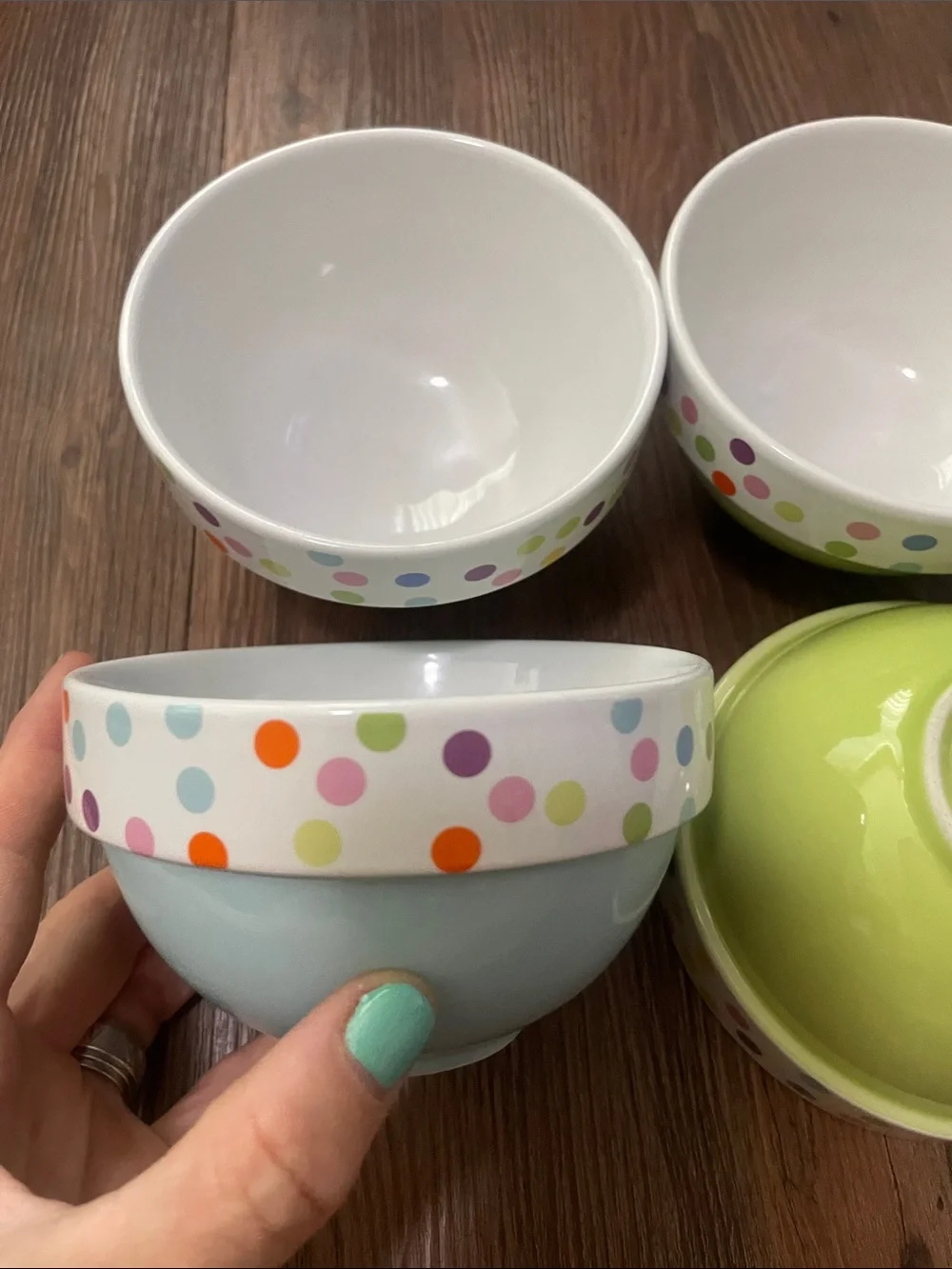 Crate&Barrel Pastel Blue and Lime Green Polka Dot Ceramic Bowls,4!EXCELLENT